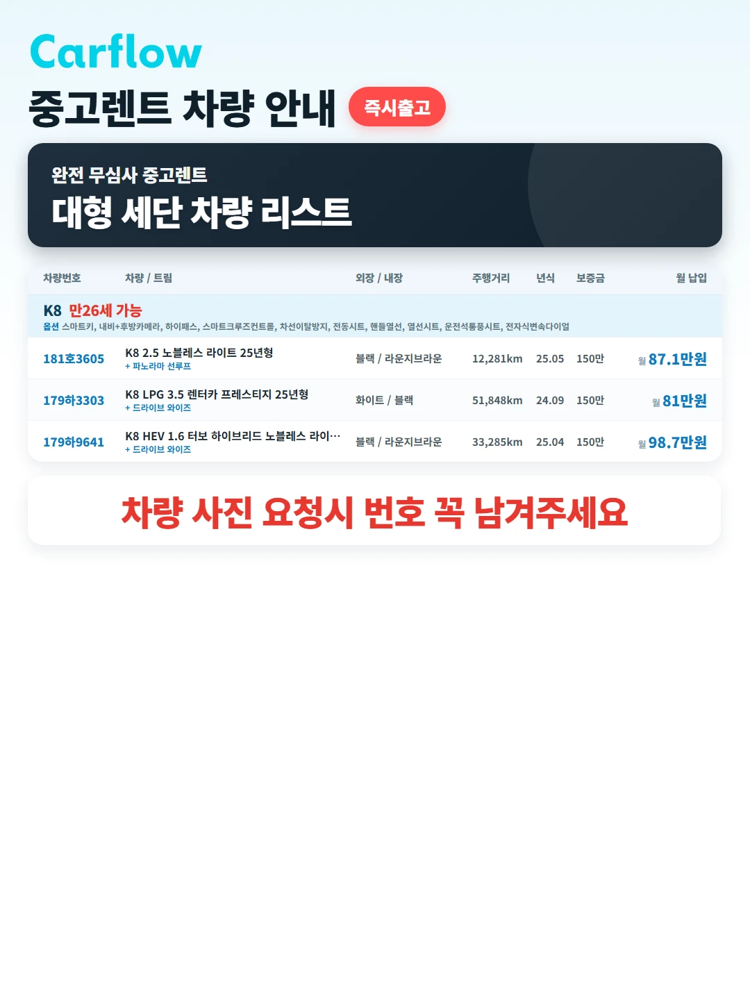 그랜저,K8 완전 무심사 (중고)