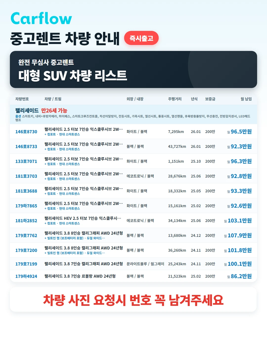 카니발 , 팰리세이드 완전 무심사 (중고)