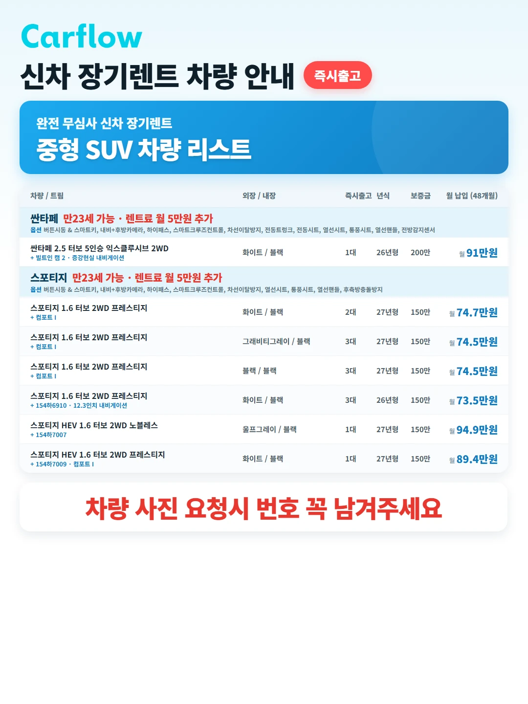 싼타페,쏘렌토,스포티지 완전 무심사 (신차)