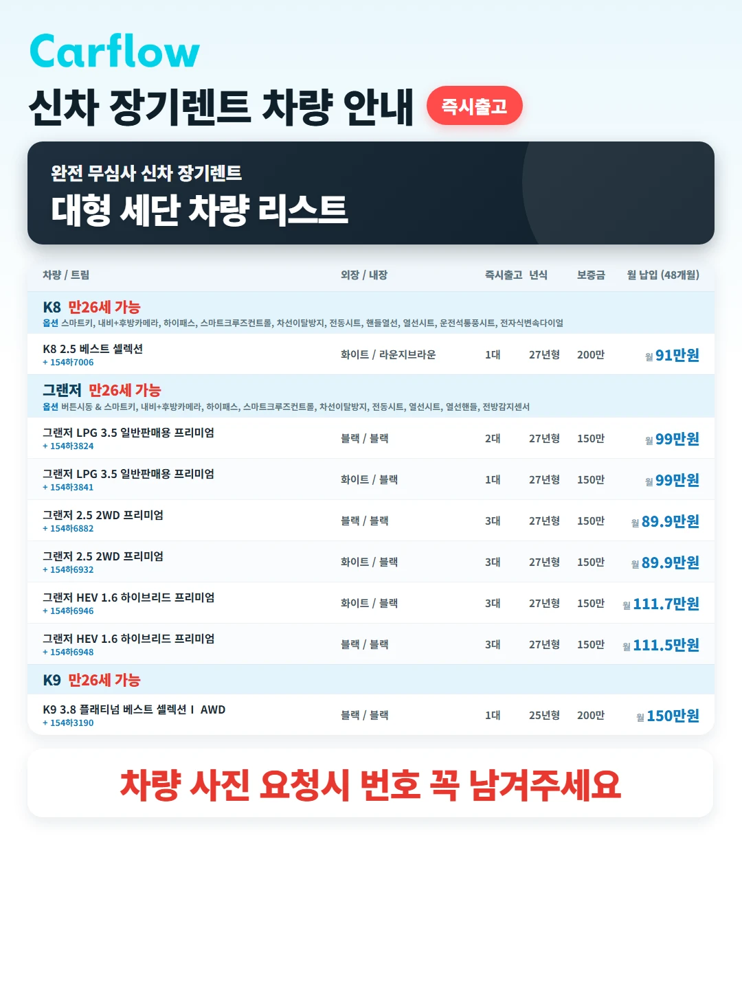 K9 , K8 , 그랜저 완전 무심사 리스트 (신차)